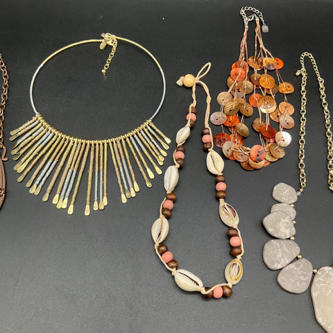 Boho Tribal Statement Costume Jewelry Lot of 7 Necklaces Beaded Shell Collar