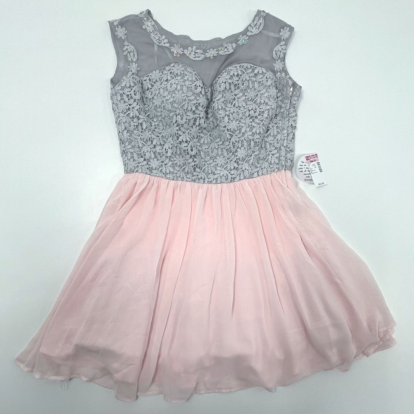 NWT Deb Y2K Pink Gray Formal Dress Short A-Line Juniors 13 Metallic Lace Bodice