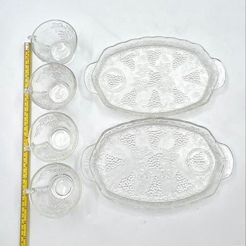 Anchor Hocking Vintage Snack Set 6 Piece Grape Leaf Clear Glass Trays & Cups