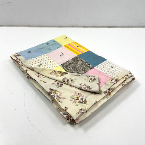 Vintage Patchwork Quilt Square Block Hand Tied Multi Color Floral Print 84x63