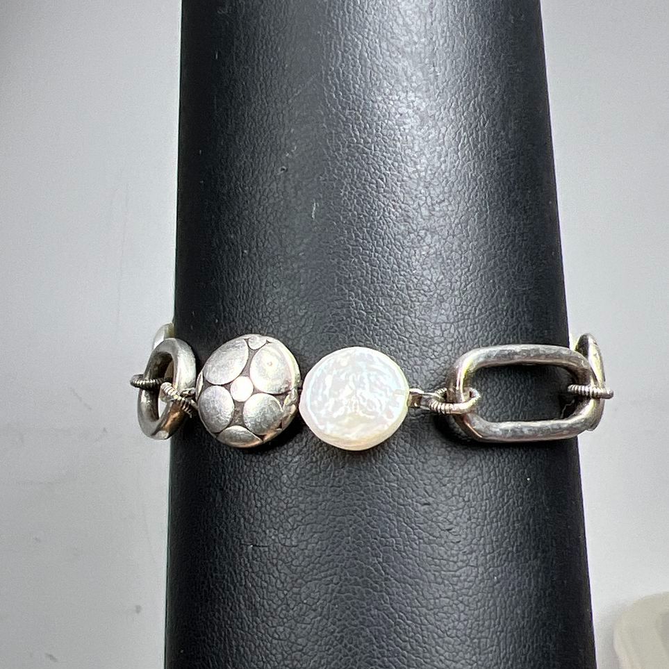 Artisan Sterling Silver Freshwater Coin Pearl Bracelet Modernist 8 Inch 16.87g