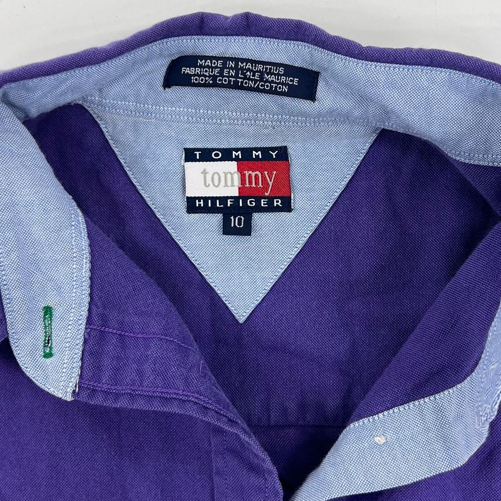 Vintage 90s Tommy Hilfiger Purple Cotton Flag Logo Button Down Shirt Womens 10