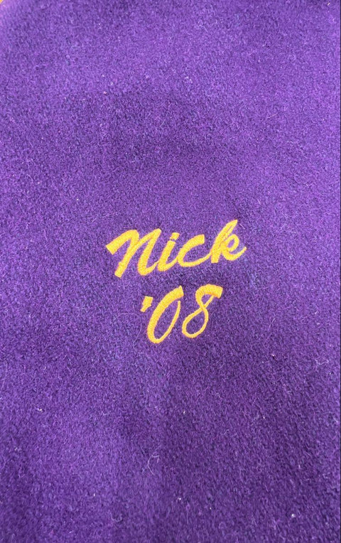 DeLong 2008 Varsity Letterman Jacket Purple Gold Leather Sleeves Made USA Sz L