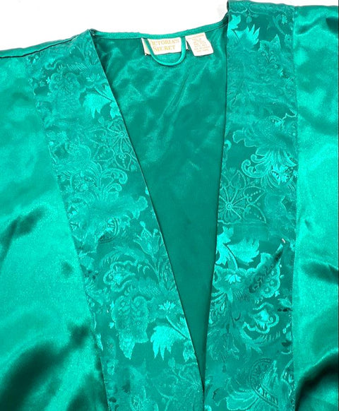 Vintage 80s Victoria's Secret Gold Label Emerald Green Satin Robe Floral Sz OS
