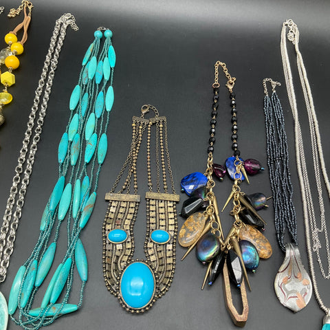 Mixed Costume Jewelry Lot 1.4 Lbs 10 Necklaces Boho Beaded Tassel Turquoise Tone
