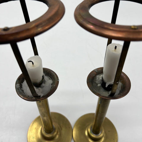 Vintage Brass and Copper Candlesticks Pair Mixed Metal Nautical Style 13"