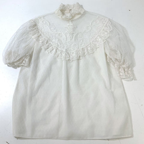 Vintage 1970s Women's Edwardian Style lvory Puff Sleeve Lace Blouse Size 12