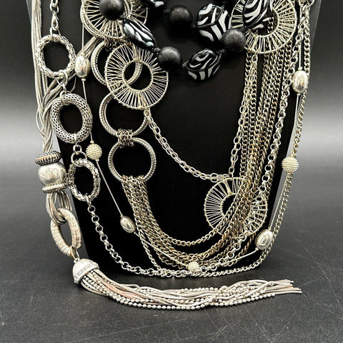 Mixed Statement Necklace Jewelry Lot Black White Silver Tone Zebra Beaded 12pc