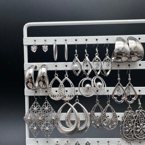 Silver Tone Fashion Earrings Jewelry Lot 50+ Pairs Hoops Dangles Boho Styles
