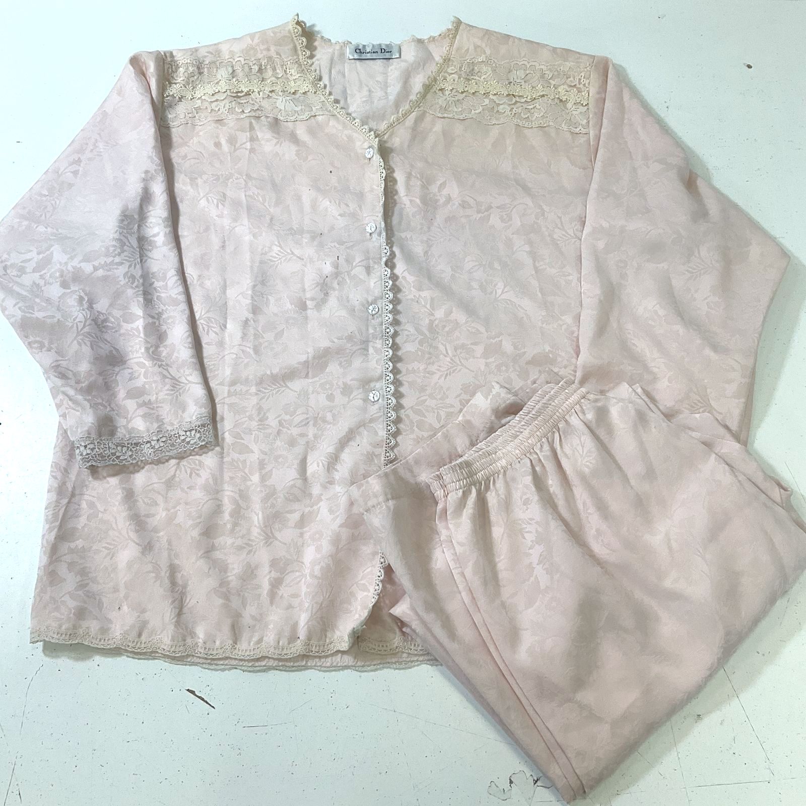Vintage Christian Dior Women's Floral Pale Pink Pajama Set Estimated Size M