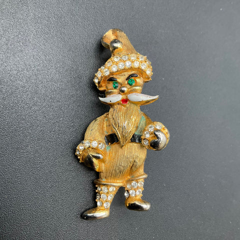 Vintage 1960s Weiss Gold Tone Rhinestone Santa Claus Christmas Brooch Pin