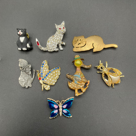 Vintage Cat & Animal Brooch Jewelry Lot of 8 Rhinestone Enamel Butterfly Duck