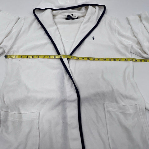 Ralph Lauren Women's White Hooded Cotton Blend Belted Robe Navy Trim Sz XS/S