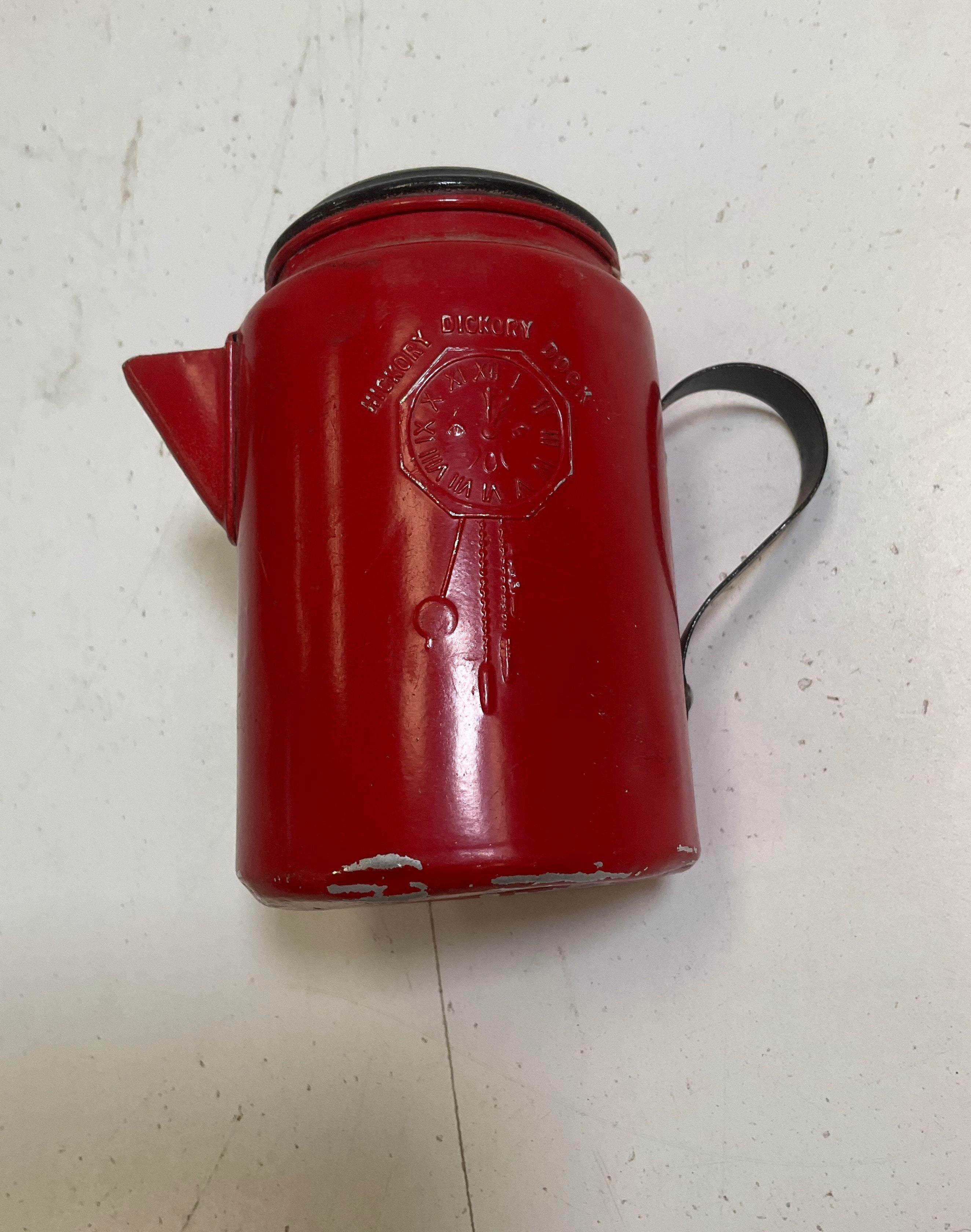 Vintage Red Metal Hickory Dickery Dock Toy Coffee Pot Child's Play Kitchen