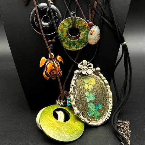Bohemian Jewelry Lot 15+ Corded Necklaces Stone Resin Glass Evil Eye Turtle