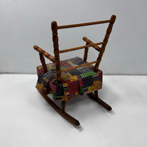 Vintage Kids Rocking Chair Spindle Back Wood Patchwork Padded Seat Nursery