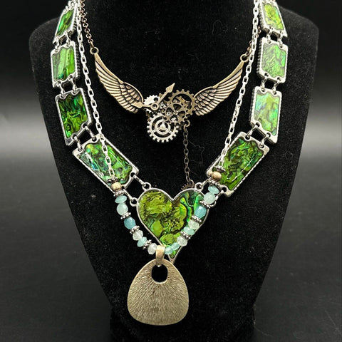Steampunk Gothic Costume Jewelry Lot Abalone Shell Inlay Skulls Roses Necklaces