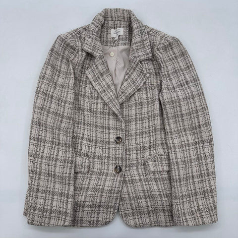 Bohme Women's Tweed Blazer Jacket Cream Brown Plaid Textured Size L