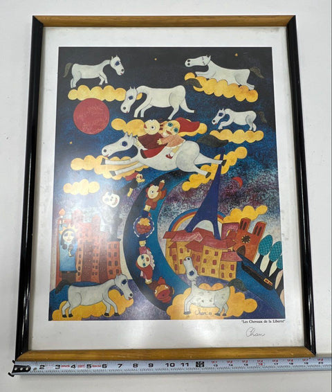 "Les Chevaux de la Liberte" Framed Art Print Signed Chan 1989 Surrealist 19x25