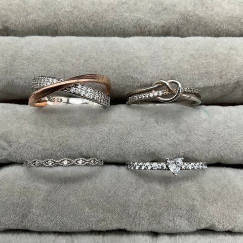 Sterling Silver 925 Jewelry Lot of 4 Rings Sizes 6.5-7.5 Heart Knot X-Design