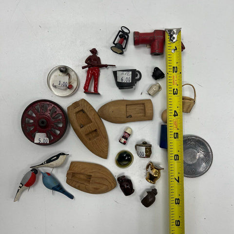 Vintage 23pc Miniature Lot Carved Birds Cast Iron Wheel Lead Soldier Dollhouse