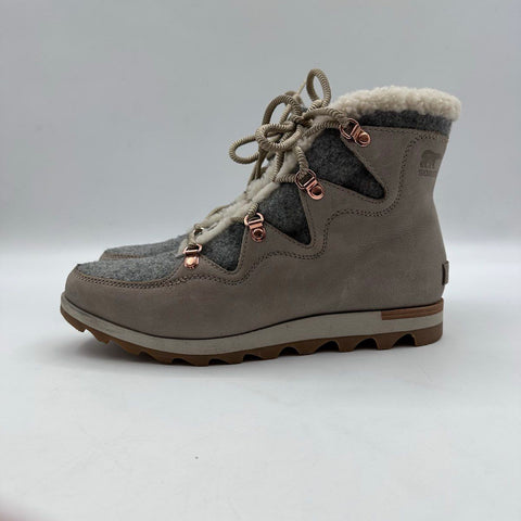 Sorel Ainsley Conquest Hiker Grey Leather Felt Rose Gold Boots Women's Size 10