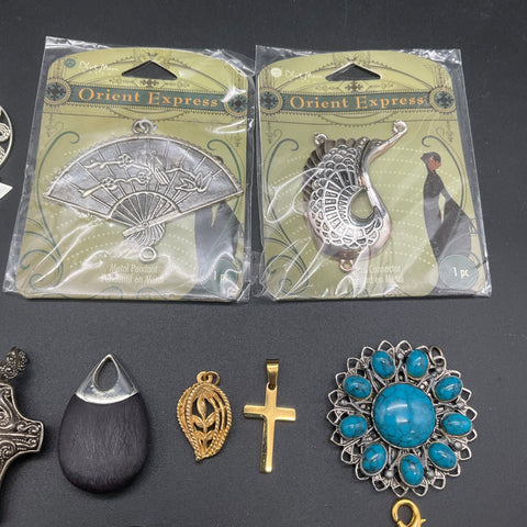 Vintage & Modern Costume Jewelry Lot of 27 Pendants Crosses Elephant Peacock