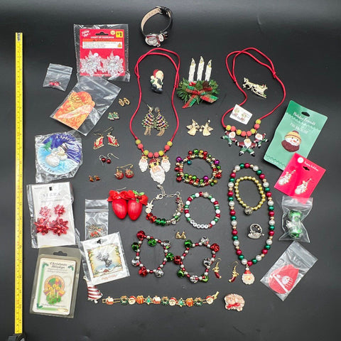 Vintage to Modern Christmas Costume Jewelry Lot 0.75 lbs Santa Snowman Bells