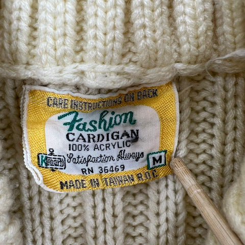 Vintage 70s Kmart Cream Cable Knit Belted Collared Cardigan Sweater Women's M