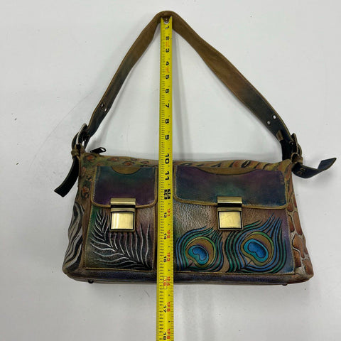 Anuschka Hand Painted Leather Shoulder Bag Peacock Animal Print Gold Hardware
