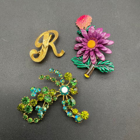 Vintage Costume Jewelry Lot 4pc Manselle Austria Rhinestone Enamel Flower Brooch