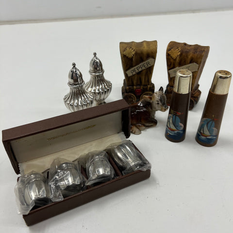 Vintage Salt & Pepper Shaker Lot Silver Plate Wood Ceramic 5 Sets NOS Boxed