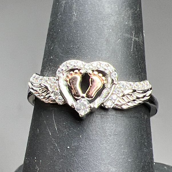 Mommy Of An Angel 925 Sterling Silver Feet Wings Rhinestone Ring Size 8