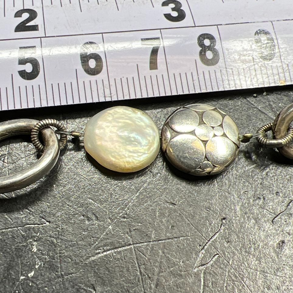 Artisan Sterling Silver Freshwater Coin Pearl Bracelet Modernist 8 Inch 16.87g