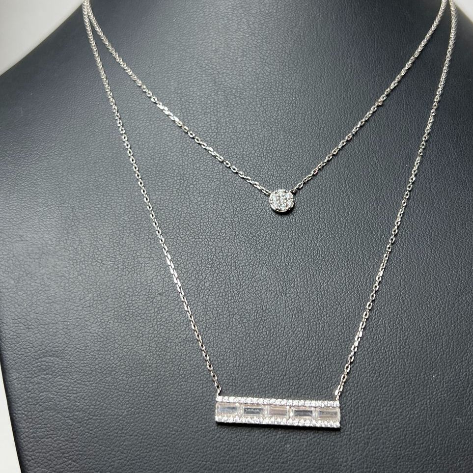 925 Sterling Silver Two Strand Layered Necklace Baguette CZ Bar & Pavé Disc 4.5g