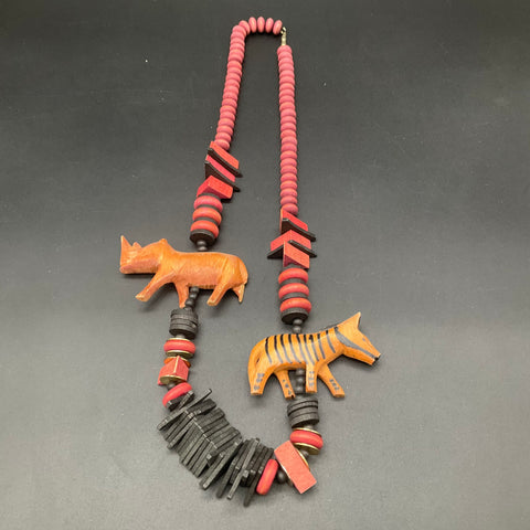 Vintage Hand Carved Wood Animal & Painted Fish Charm Necklaces Jewelry Lot of 2