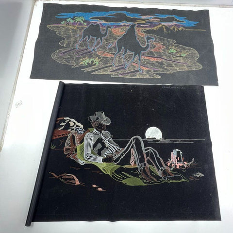 Lot 2 Vtg Unfinished Felt Velvet Art Black Americana Cowboy & Camel Desert Scene