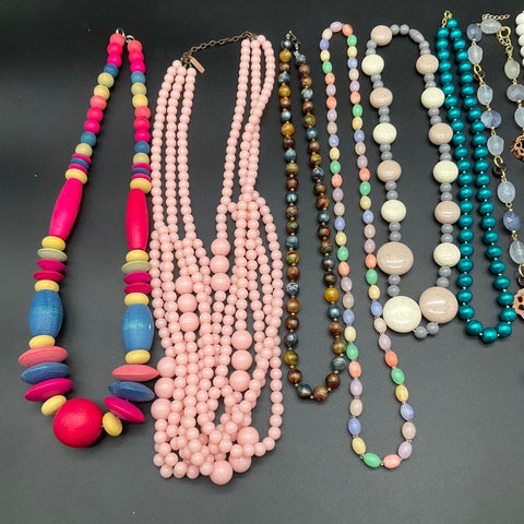 Vintage 80s Style Beaded Necklace Lot 12 Faux Pearl Chunky Multi-Strand Colorful