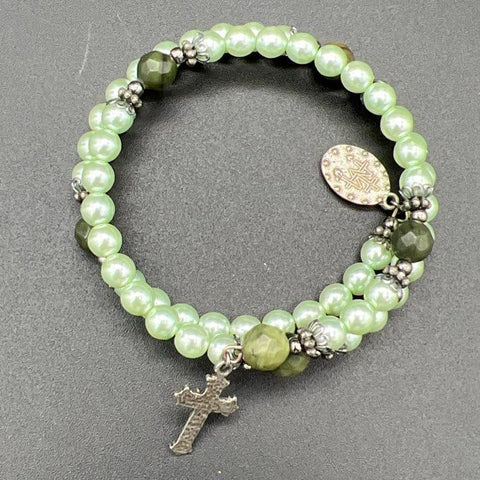 Vintage Connemara Marble Rosary Bracelet Faux Pearl Green 7" Miraculous Medal