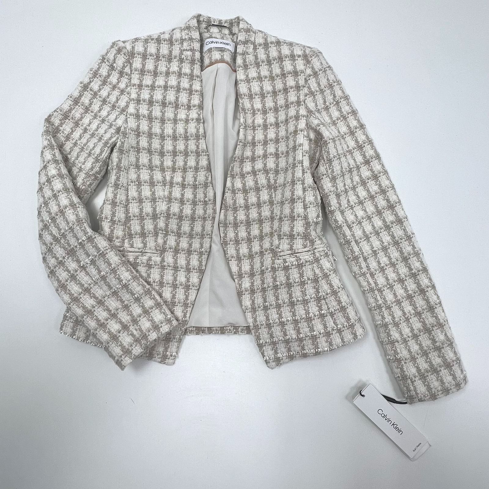 NWT Calvin Klein Cream White Plaid Tweed Blazer Women's 2 Petite $149