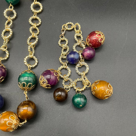 Vintage Beaded Jewelry Lot 5 Necklaces & Charm Bracelet Gold Tone Carved Beads