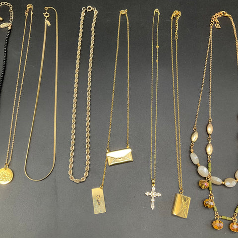 Costume Jewelry Lot 9pc Gold Tone Necklaces Envelope Cross Hope Tassel Chains