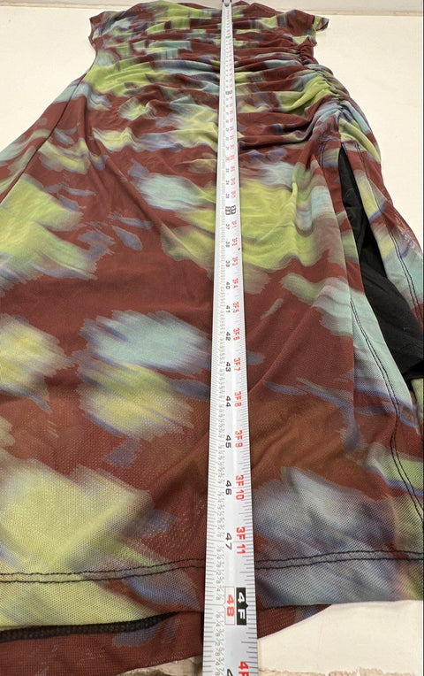 Anthropologie Women's Brown Green Abstract Mesh Ruched Mock Neck Dress Sz LP