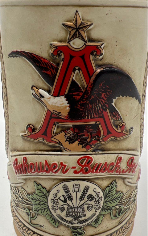 Budweiser Anheuser-Busch Lidded Beer Stein King of Beers Ceramic Relief 10 Inch