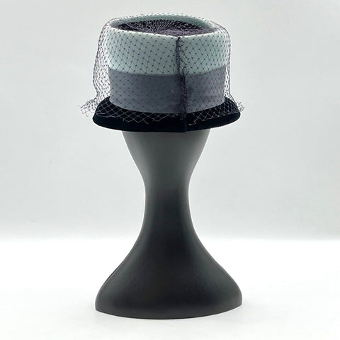 Vintage 60s Pillbox Hat with Veil Union Made Blue Gray Velvet 8" Diameter