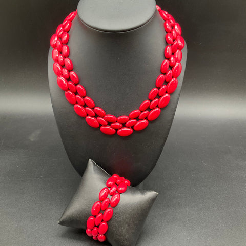 Vintage Signed Napier Red Enamel Gold Tone Necklace and Bracelet Set