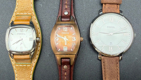 Fossil Ladies Leather Strap Watch Lot of 3 Jacqueline Tonneau Cuff Untested