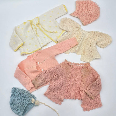 Vintage 50s 60s Baby Clothes Lot Crochet Cardigans Bonnets Cotton Gowns 1lb