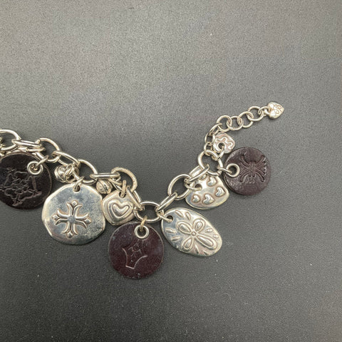 Brighton Amulet Charm Bracelet Silver Tone Leather Heart Cross Latin Words 7"