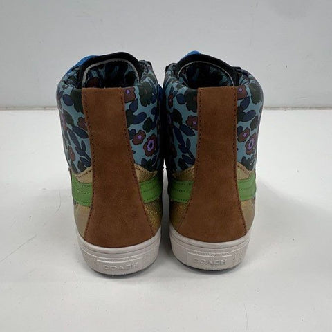 Coach C203 Floral Leopard Print Metallic Gold High Top Sneakers Women's Size 8